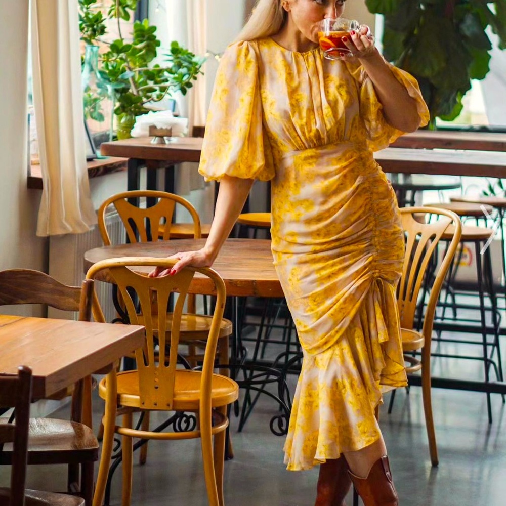 YELLOW BLOSSOM DRAWSTRING ASYMMETRIC RUFFLE MIDI DRESS